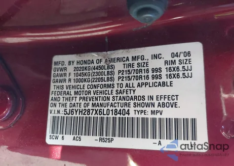 2006 Honda Element Ex-P из США, поврежденный, VIN 5J6YH287X6L018404